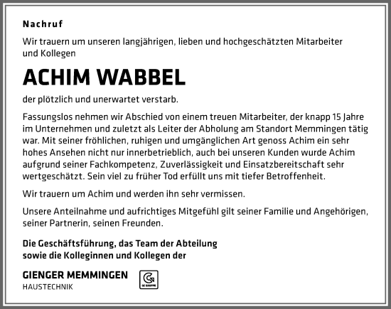 Traueranzeige von Achim Wabbel von Memminger Zeitung