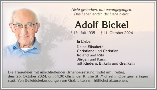 Traueranzeige von Adolf Bickel von Allgäuer Zeitung, Kaufbeuren/Buchloe