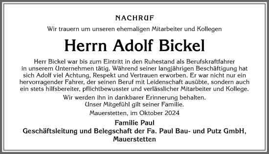 Traueranzeige von Adolf Bickel von Allgäuer Zeitung, Kaufbeuren/Buchloe
