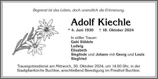 Traueranzeige von Adolf Kiechle von Allgäuer Zeitung, Kaufbeuren/Buchloe