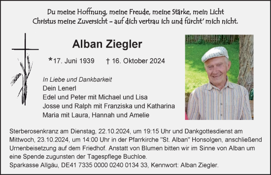 Traueranzeige von Alban Ziegler von Allgäuer Zeitung, Kaufbeuren/Buchloe