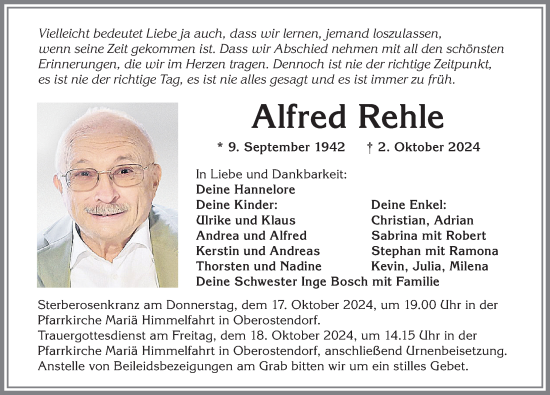 Traueranzeige von Alfred Rehle von Allgäuer Zeitung, Kaufbeuren/Buchloe