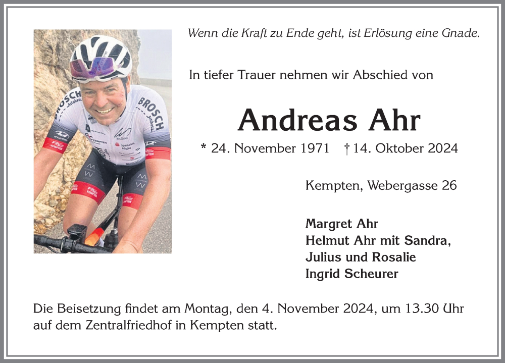  Traueranzeige für Andreas Ahr vom 19.10.2024 aus Allgäuer Anzeigeblatt