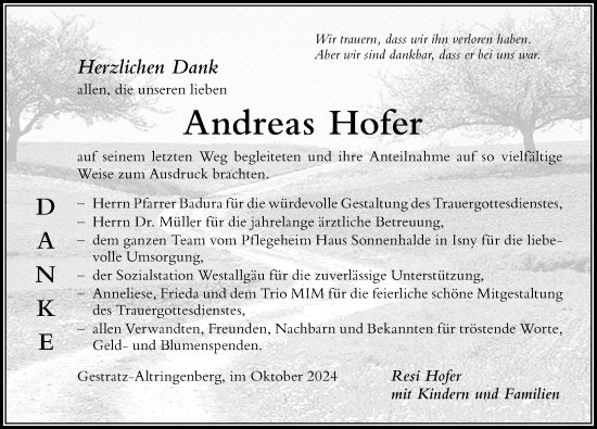 Traueranzeige von Andreas Hofer von Der Westallgäuer