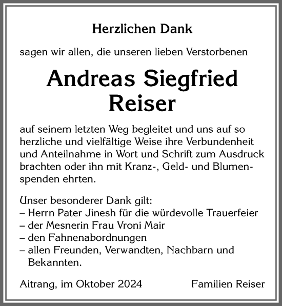 Traueranzeige von Andreas Siegfried Reiser von Allgäuer Zeitung, Marktoberdorf