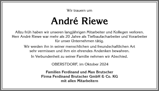 Traueranzeige von André Riewe von Allgäuer Anzeigeblatt