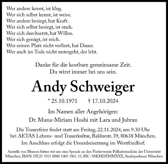 Traueranzeige von Andy Schweiger von Allgäuer Zeitung, Füssen