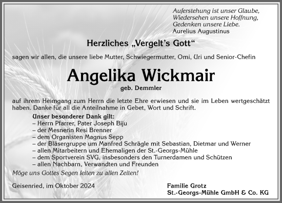 Traueranzeige von Angelika Wickmair von Allgäuer Zeitung, Marktoberdorf
