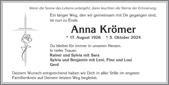 Traueranzeige von Anna Krömer von Allgäuer Zeitung,Kempten