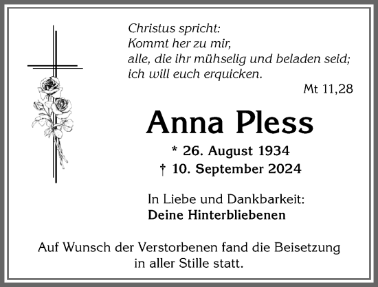 Traueranzeige von Anna Pless von Allgäuer Zeitung, Marktoberdorf