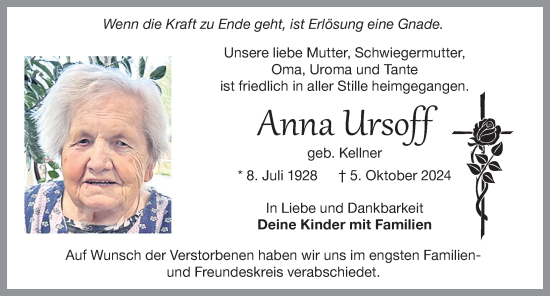 Traueranzeige von Anna Ursoff von Allgäuer Zeitung, Marktoberdorf