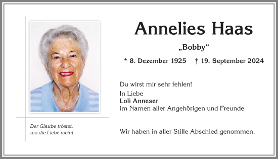 Traueranzeige von Annelies Haas von Allgäuer Zeitung,Kempten