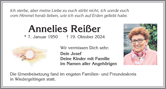 Traueranzeige von Annelies Reißer von Augsburger Allgemeine, Mindelheimer Zeitung