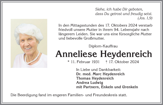 Traueranzeige von Anneliese Heydenreich von Allgäuer Zeitung, Marktoberdorf