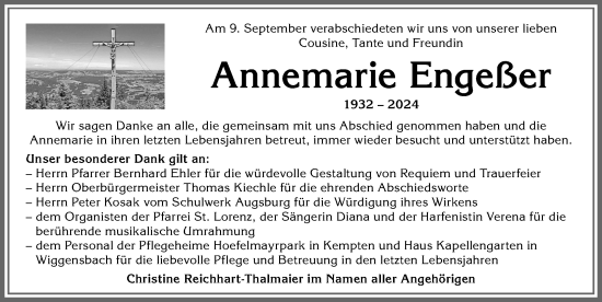 Traueranzeige von Annemarie Engeßer von Allgäuer Zeitung,Kempten