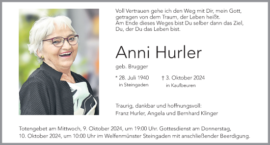 Traueranzeige von Anni Hurler von Allgäuer Zeitung, Kaufbeuren/Buchloe