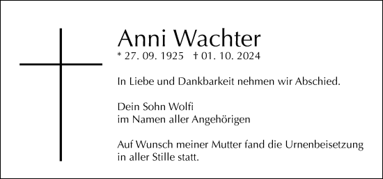 Traueranzeige von Anni Wachter von Allgäuer Zeitung, Füssen