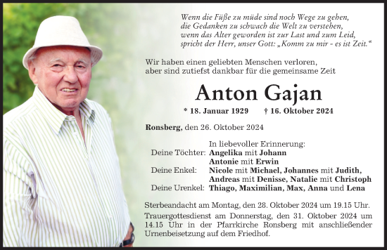 Traueranzeige von Anton Gajan von Allgäuer Zeitung, Marktoberdorf