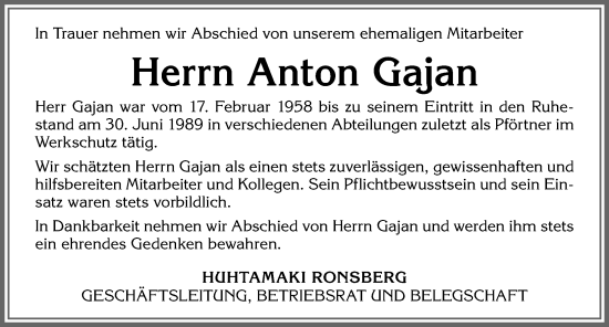 Traueranzeige von Anton Gajan von Allgäuer Zeitung, Marktoberdorf
