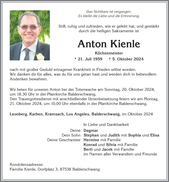 Traueranzeige von Anton Kienle von Allgäuer Anzeigeblatt