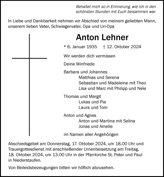 Traueranzeige von Anton Lehner von Der Westallgäuer