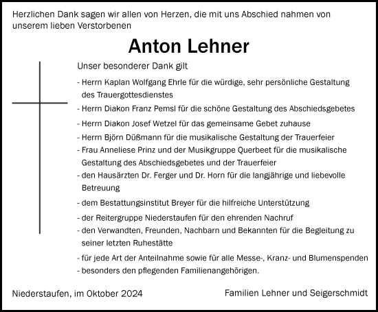 Traueranzeige von Anton Lehner von Der Westallgäuer