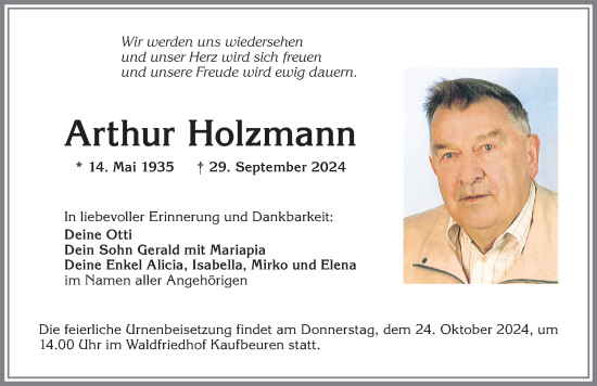 Traueranzeige von Arthur Holzmann von Allgäuer Zeitung, Kaufbeuren/Buchloe