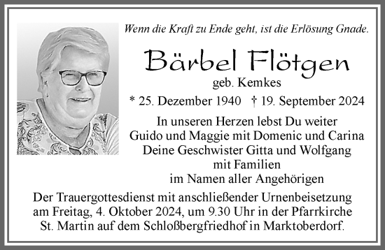 Traueranzeige von Bärbel Flötgen von Allgäuer Zeitung, Marktoberdorf