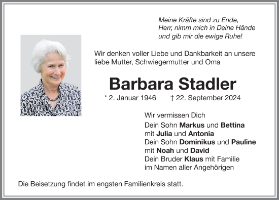 Traueranzeige von Barbara Stadler von Memminger Zeitung
