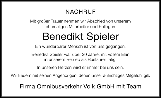 Traueranzeige von Benedikt Spieler von Der Westallgäuer