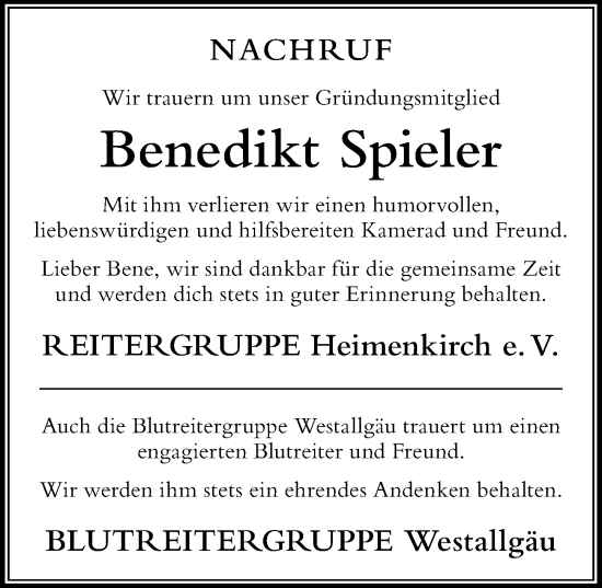 Traueranzeige von Benedikt Spieler von Der Westallgäuer