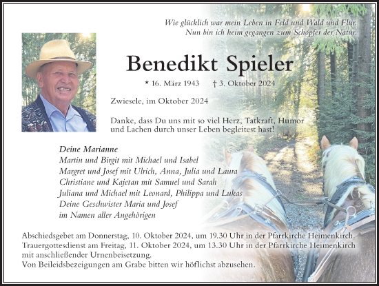 Traueranzeige von Benedikt Spieler von Der Westallgäuer