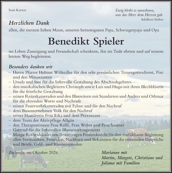 Traueranzeige von Benedikt Spieler von Der Westallgäuer