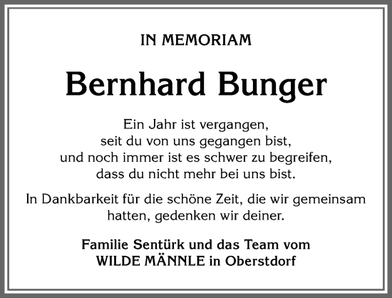 Traueranzeige von Bernhard Bunger von Allgäuer Anzeigeblatt