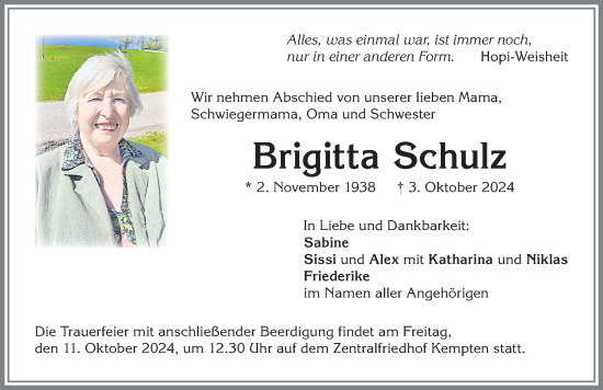Traueranzeige von Brigitta Schulz von Allgäuer Zeitung,Kempten