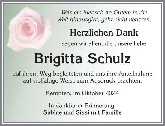 Traueranzeige von Brigitta Schulz von Allgäuer Zeitung,Kempten