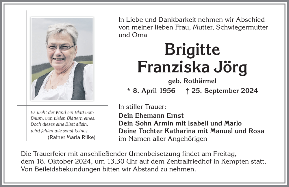 Traueranzeige für Brigitte Franziska Jörg vom 12.10.2024 aus Allgäuer Zeitung,Kempten