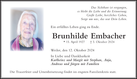 Traueranzeige von Brunhilde Embacher von Der Westallgäuer