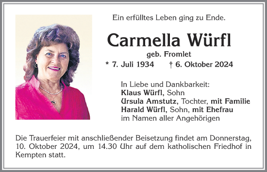Traueranzeige von Carmella Würfl von Allgäuer Zeitung,Kempten