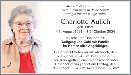 Traueranzeige von Charlotte Aulich von Allgäuer Zeitung,Kempten
