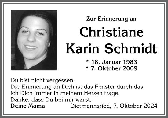 Traueranzeige von Christiane Karin Schmidt von Allgäuer Zeitung,Kempten