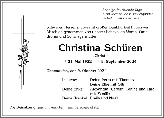 Traueranzeige von Christina Schüren von Allgäuer Anzeigeblatt