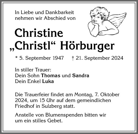 Traueranzeige von Christine Hörburger von Allgäuer Zeitung,Kempten