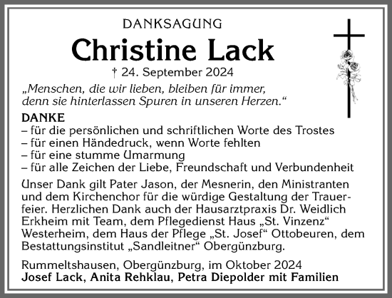 Traueranzeige von Christine Lack von Allgäuer Zeitung, Marktoberdorf