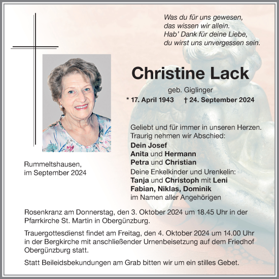 Traueranzeige von Christine Lack von Allgäuer Zeitung, Marktoberdorf