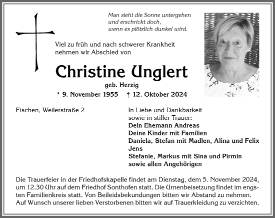 Traueranzeige von Christine Unglert von Allgäuer Anzeigeblatt