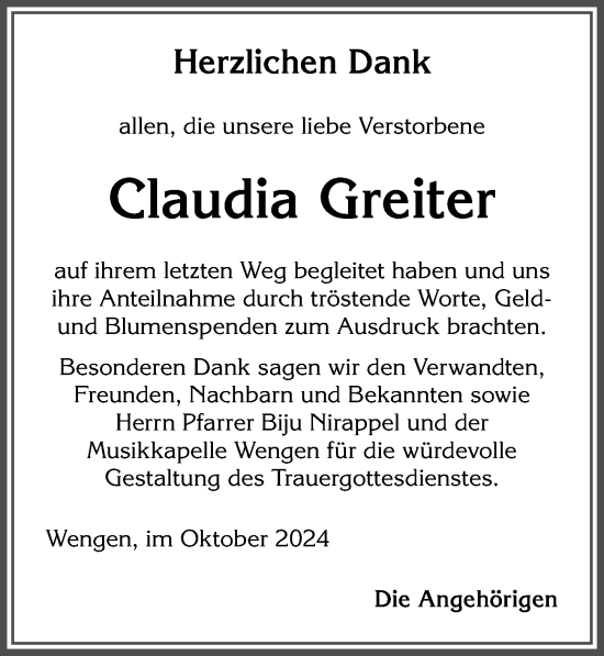 Traueranzeige von Claudia Greiter von Allgäuer Zeitung,Kempten