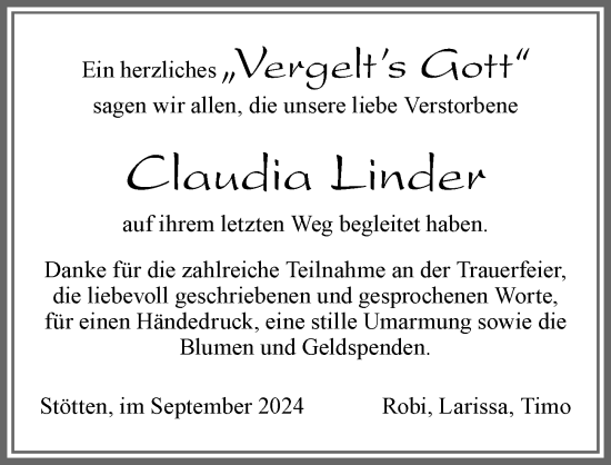 Traueranzeige von Claudia Linder von Allgäuer Zeitung, Marktoberdorf