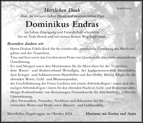 Traueranzeige von Dominikus Endras von Der Westallgäuer