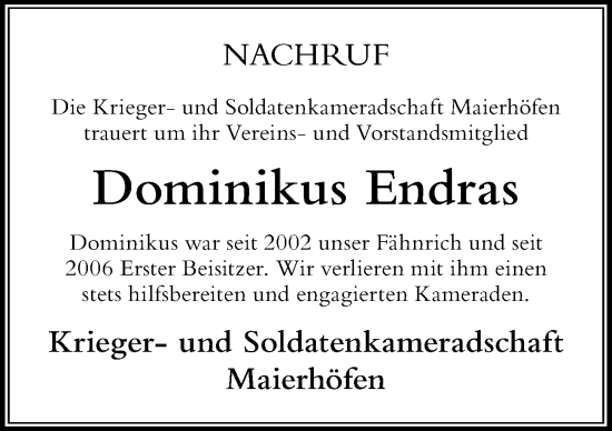 Traueranzeige von Dominikus Endras von Der Westallgäuer